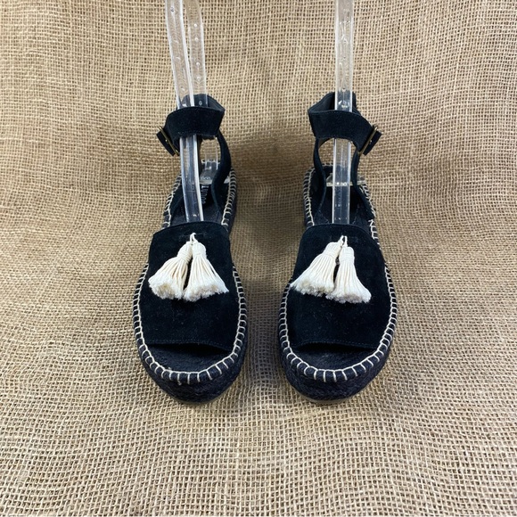 Espadrilles Soludos Platform Sandals Black Suede Tassels White Wedge Size 10 - Picture 8 of 14